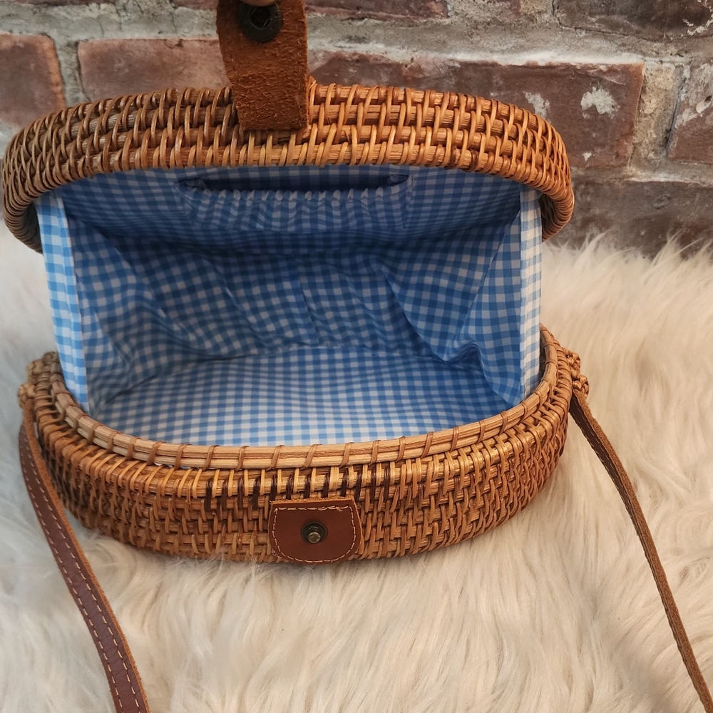 Oval Woven Rattan Bag with Long Leather Strap - Picture 10 of 16